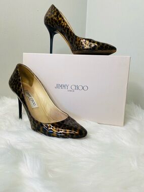 Jimmy Choo “Love 85” Leopard Print Patent Leather Size 38.5 Pumps -brown/black